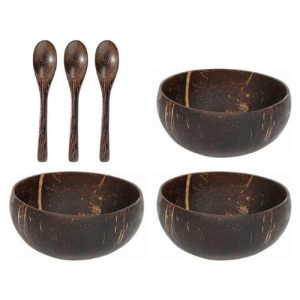 3pcs Coconut Bowls with Spoons, Natural Handmade Kitchen Utensils Bowl Polished with Coconut Oil Eco-Friendly Coconut Bowl Durable Lightweight Useful
